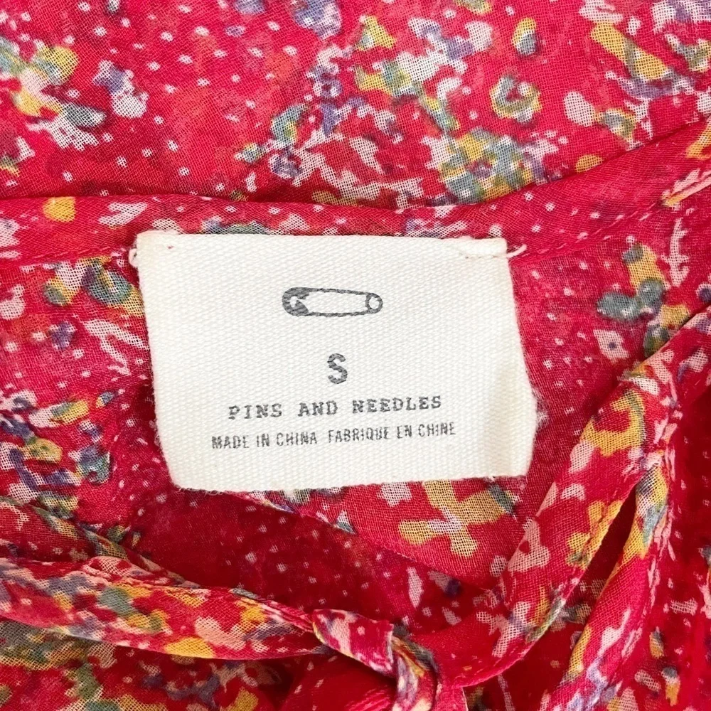Anthropologie Pins & Needles Boho Red Floral Semi Sheer Long Sleeve Casual Top S - Picture 14 of 15